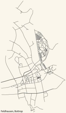Detailed navigation black lines urban street roads map of the FELDHAUSEN DISTRICT of the German regional capital city of Bottrop, Germany on vintage beige background