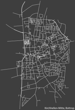 Detailed negative navigation white lines urban street roads map of the KIRCHHELLEN-MITTE DISTRICT of the German regional capital city of Bottrop, Germany on dark gray background