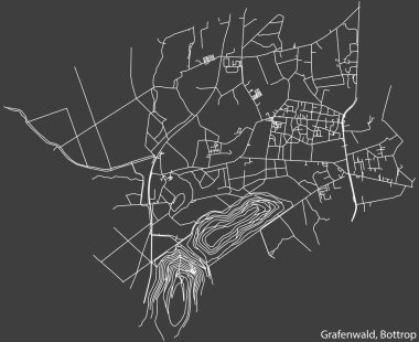 Detailed negative navigation white lines urban street roads map of the GRAFENWALD DISTRICT of the German regional capital city of Bottrop, Germany on dark gray background