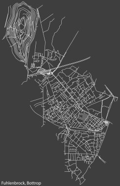 Detailed negative navigation white lines urban street roads map of the FUHLENBROCK DISTRICT of the German regional capital city of Bottrop, Germany on dark gray background