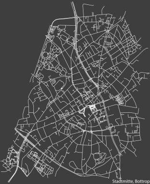 Detailed negative navigation white lines urban street roads map of the STADTMITTE DISTRICT of the German regional capital city of Bottrop, Germany on dark gray background