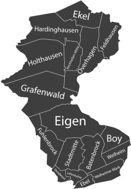 Dark gray flat vector administrative map of BOTTROP, GERMANY with name tags and white border lines of its districts
