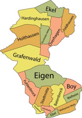 Pastel flat vector administrative map of BOTTROP, GERMANY with name tags and black border lines of its districts