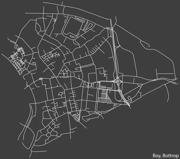 Detailed negative navigation white lines urban street roads map of the BOY DISTRICT of the German regional capital city of Bottrop, Germany on dark gray background