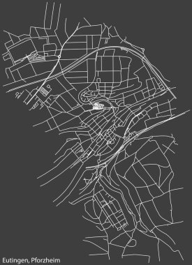 Detailed negative navigation white lines urban street roads map of the EUTINGEN DISTRICT of the German regional capital city of Pforzheim, Germany on dark gray background