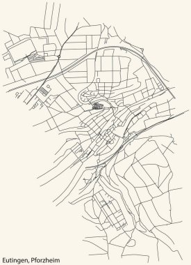 Detailed navigation black lines urban street roads map of the EUTINGEN DISTRICT of the German regional capital city of Pforzheim, Germany on vintage beige background