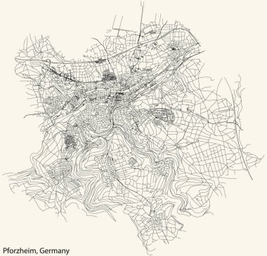 Detailed navigation black lines urban street roads map of the German regional capital city of PFORZHEIM, GERMANY on vintage beige background