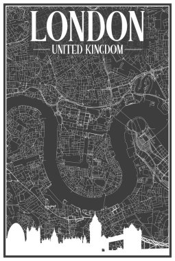 White printout streets network map with city skyline of the downtown LONDON, UNITED KINGDOM on a black framed background