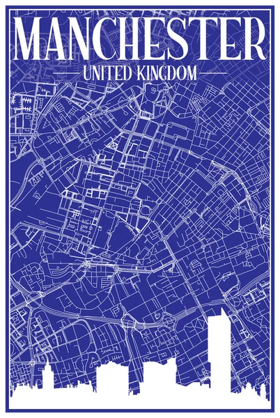 White Printout Streets Network Map City Skyline Downtown Manchester United — Stockvektor