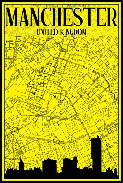 Black Printout Streets Network Map City Skyline Downtown Manchester United — Vettoriale Stock