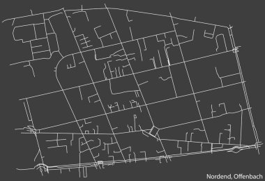 Alman bölgesel başkenti Offenbach 'ın NORDEND DISTRICT' inin açık yol haritası. Almanya 'nın başkenti Offenbach Main, koyu gri arka plan üzerine.