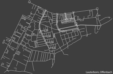 Alman bölgesel başkenti Offenbach 'ın şehir merkezi Offenbach' ın şehir haritasının beyaz çizgileri koyu gri arka plan üzerine kuruludur.