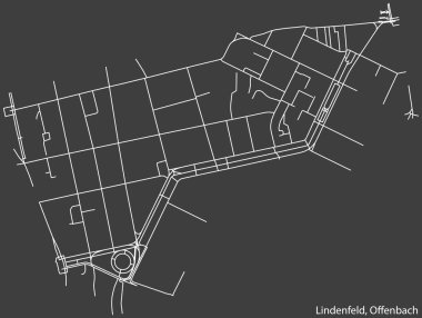 Alman bölgesel başkenti Offenbach am Main 'in LINDENFELD DISTRICT şehir haritasının beyaz çizgileri koyu gri arka planda