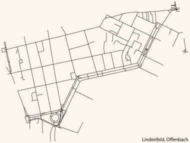 Alman bölgesel başkenti Offenbach am Main, Almanya 'nın klasik bej arkaplan üzerindeki LINDENFELD DISTRICT şehir haritasının ayrıntılı navigasyon siyah hatları