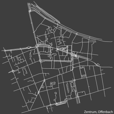 Alman bölgesel başkenti Offenbach 'ın ZENTRUM DISTRICT' sinin şehir caddeleri haritası, Almanya 'nın başkenti Offenbach Main' de, koyu gri arka planda ayrıntılı olarak yer almaktadır.
