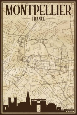 MontPELLIER, FRANCE şehir merkezi ufuk çizgisine sahip siyah yazdırılmış sokak haritası çerçeveli eski bir kağıt çerçeve üzerinde