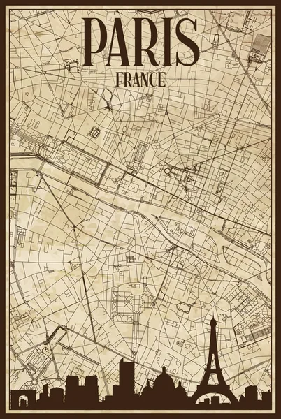 巴黎市中心城市天际线的黑色打印出来的街道网络图 背景是一张复古纸 — 图库矢量图片