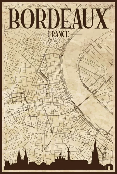 Карта Сети Чёрных Распечатанных Улиц Горизонтом Города Центре Бордо Франция — стоковый вектор
