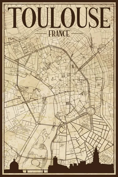 法国图卢兹市中心城市天际线的黑色打印出来的街道网络图 背景为复古纸框架 — 图库矢量图片