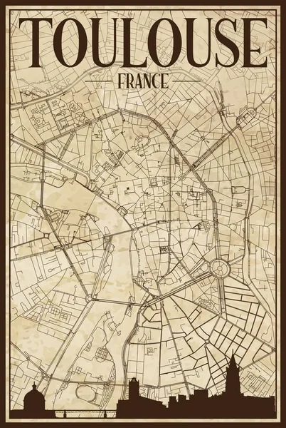TOULOUSE, FRANCE şehir merkezindeki şehir siluetinin yer aldığı siyah yazdırılmış sokak haritası çerçeveli eski bir kağıdın arka planında