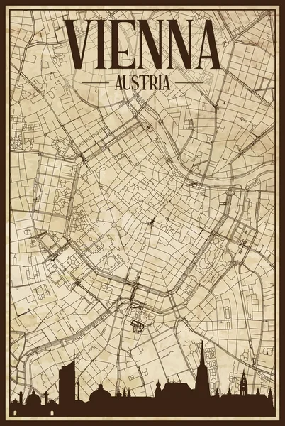 Schwarzer Ausgedruckter Straßenkarte Mit Stadtsilhouette Der Wiener Innenstadt Österreich Auf — Stockvektor