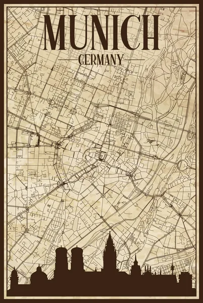 Карта Сети Улиц Черной Распечатки Горизонтом Города Центре Города Мюнхен — стоковый вектор