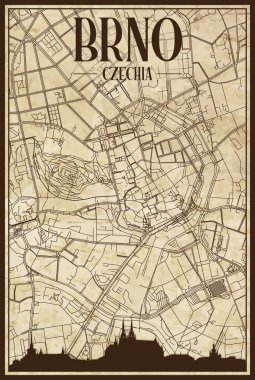 BRNO şehir merkezi, CZECHIA şehir silueti ile kahverengi yazdırılmış sokak haritası çerçeveli eski bir kağıt çerçeve üzerinde