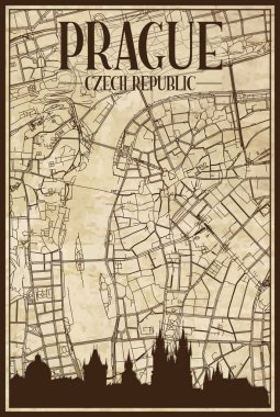 PRAGUE, CZECHIA şehir merkezinin ufuk çizgisi olan kahverengi yazdırılmış caddeler ağı haritası eski bir kağıt çerçeveli arka plan üzerinde