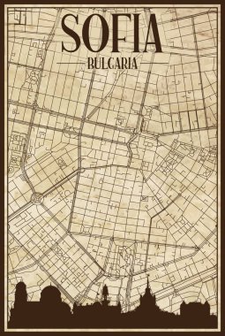 SOFIA şehir merkezi ufuk çizgisi ile kahverengi yazdırılmış sokak haritası, BLGARIA eski bir kağıt çerçeveli arka plan üzerinde