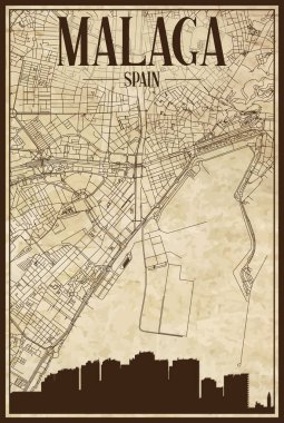 MALAGA şehir merkezinin şehir silueti ile kahverengi yazdırılmış cadde ağı haritası, eski bir kağıt çerçeveli arka plan üzerinde SPAIN