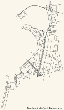Almanya 'nın Bremerhaven bölgesinin bölgesel başkentinin GEESTEMNDE-NORD çeyreğinin klasik bej arkaplan üzerinde yer alan şehir caddelerinin ayrıntılı navigasyon kara hatları