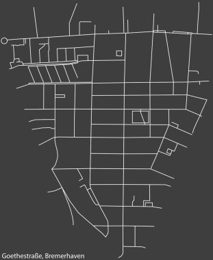 Alman bölgesel başkenti Bremerhaven, Almanya 'nın GoetheSTRASSE QuARTER' ının şehir caddeleri haritası üzerinde ayrıntılı olumsuz navigasyon beyaz çizgileri