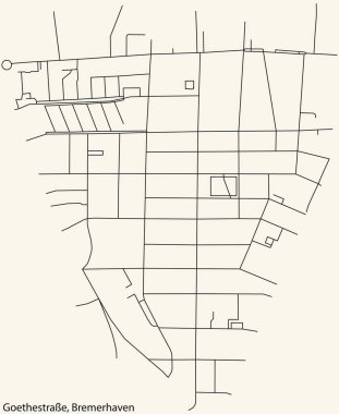 Alman bölgesel başkenti Bremerhaven, Almanya 'nın GoetheSTRASSE QuARTER bölgesinin klasik bej arkaplanlı şehir haritasının ayrıntılı navigasyon siyah hatları