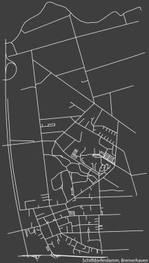 Alman bölgesel başkenti Bremerhaven, Almanya 'nın SCHIFFDORFERDAMM DISTRICT' ın şehir caddeleri haritası üzerinde ayrıntılı olumsuz navigasyon beyaz çizgileri koyu gri arka planda