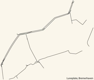 Alman bölgesel başkenti Bremerhaven, Almanya 'nın LUNEPLATE QuARTER bölgesinin klasik bej arka planında yer alan kentsel cadde haritasının ayrıntılı navigasyon siyah hatları