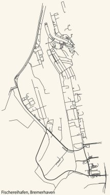 Alman bölgesel başkenti Bremerhaven, Almanya 'nın FISCHEREIHAFEN Çeyreğinin klasik bej arka planda yer alan şehir haritasının ayrıntılı navigasyon siyah hatları