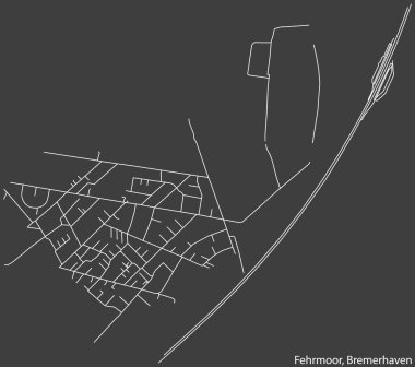Alman bölgesel başkenti Bremerhaven, Almanya 'nın FEHRMOOR Quarter bölgesinin koyu gri arkaplanlı şehir haritasının ayrıntılı negatif seyrüsefer beyaz çizgileri