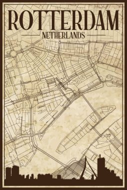 Kahverengi renkli el yazması sokak haritası ROTTERDAM şehir merkezi, NETHERLANDS kahverengi şehir silueti ve harfleri ile