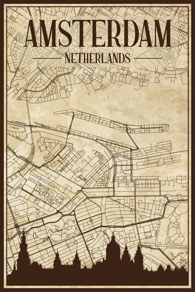 Карта Центра Города Amsterdam Netherlands Коричневым Горизонтом Города Надписями — стоковый вектор