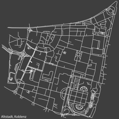 Alman bölgesel başkenti Koblenz, Almanya 'nın ALTSTADT QuARTER bölgesinin koyu gri arkaplanlı şehir haritası