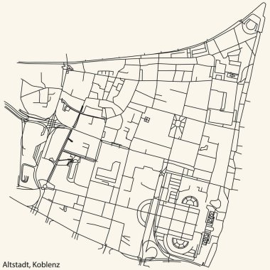 Alman bölgesel başkenti Koblenz 'in ALTSTADT QuARTER bölgesinin klasik bej arkaplanlı şehir haritasının ayrıntılı navigasyon siyah hatları