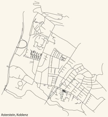 Alman bölgesel başkenti Koblenz 'in ASTERSTERSTEIN Çeyreği şehir yolu haritasının ayrıntılı navigasyon siyah hatları klasik bej arka planda.