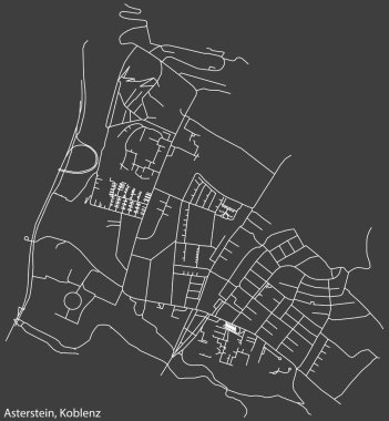 Alman bölgesel başkenti Koblenz, Almanya 'nın ASTERSTEIN QuARTER bölgesinin şehir caddelerinin haritası, koyu gri arkaplan üzerine ayrıntılı olumsuz seyrüsefer.