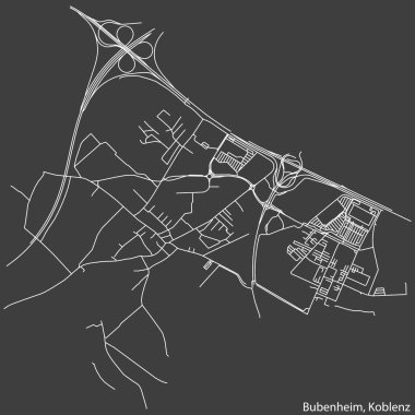 Alman bölgesel başkenti Koblenz, Almanya 'nın BENHEIM QuARTER bölgesinin şehir caddelerinin haritası koyu gri arka planda ayrıntılı olarak çizildi