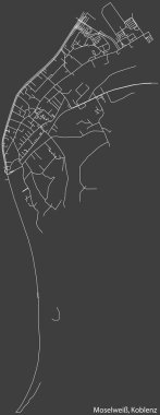 Alman bölgesel başkenti Koblenz, Almanya 'nın MOSELWEISS QuARTER bölgesinin şehir caddelerinin haritası üzerinde ayrıntılı olarak olumsuz navigasyon beyaz çizgileri.