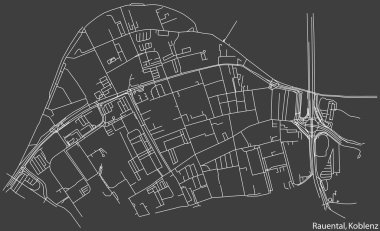 Alman bölgesel başkenti Koblenz, Almanya 'nın Koyu gri arkaplan üzerindeki RAUENTAL QuARTER' ının şehir caddelerinin detaylı haritası