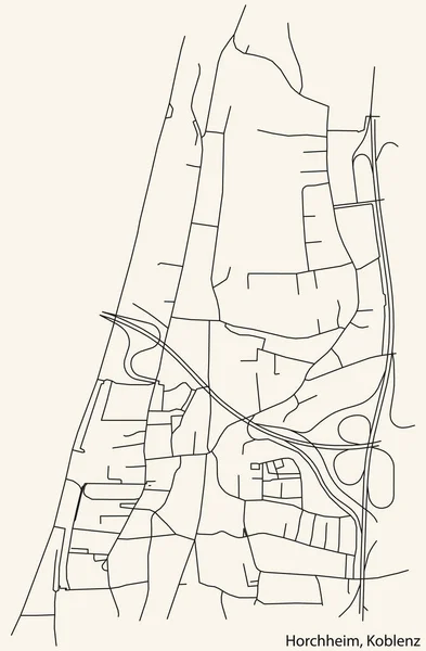 Detaillierte Navigation Schwarze Linien Stadtstraßenplan Des Horchheim Quarter Der Landeshauptstadt — Stockvektor