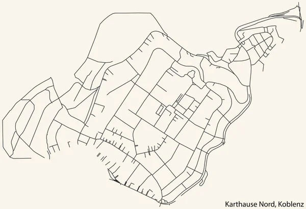 詳細ナビゲーションブラックラインヴィンテージベージュの背景にドイツの地方の首都コブレンツのカルトゥーゼ ノルド クオーターの都市道路地図 — ストックベクタ
