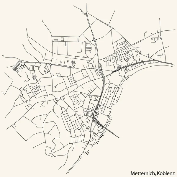 Detaillierte Navigation Schwarze Linien Stadtstraßenplan Des Metternich Quarter Der Landeshauptstadt — Stockvektor