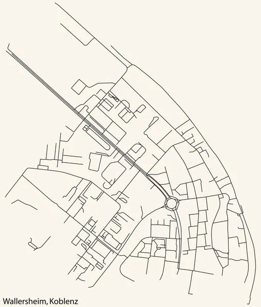 Navegação Detalhada Black Lines Urban Street Roads Mapa Quarta Wallersheim — Vetor de Stock